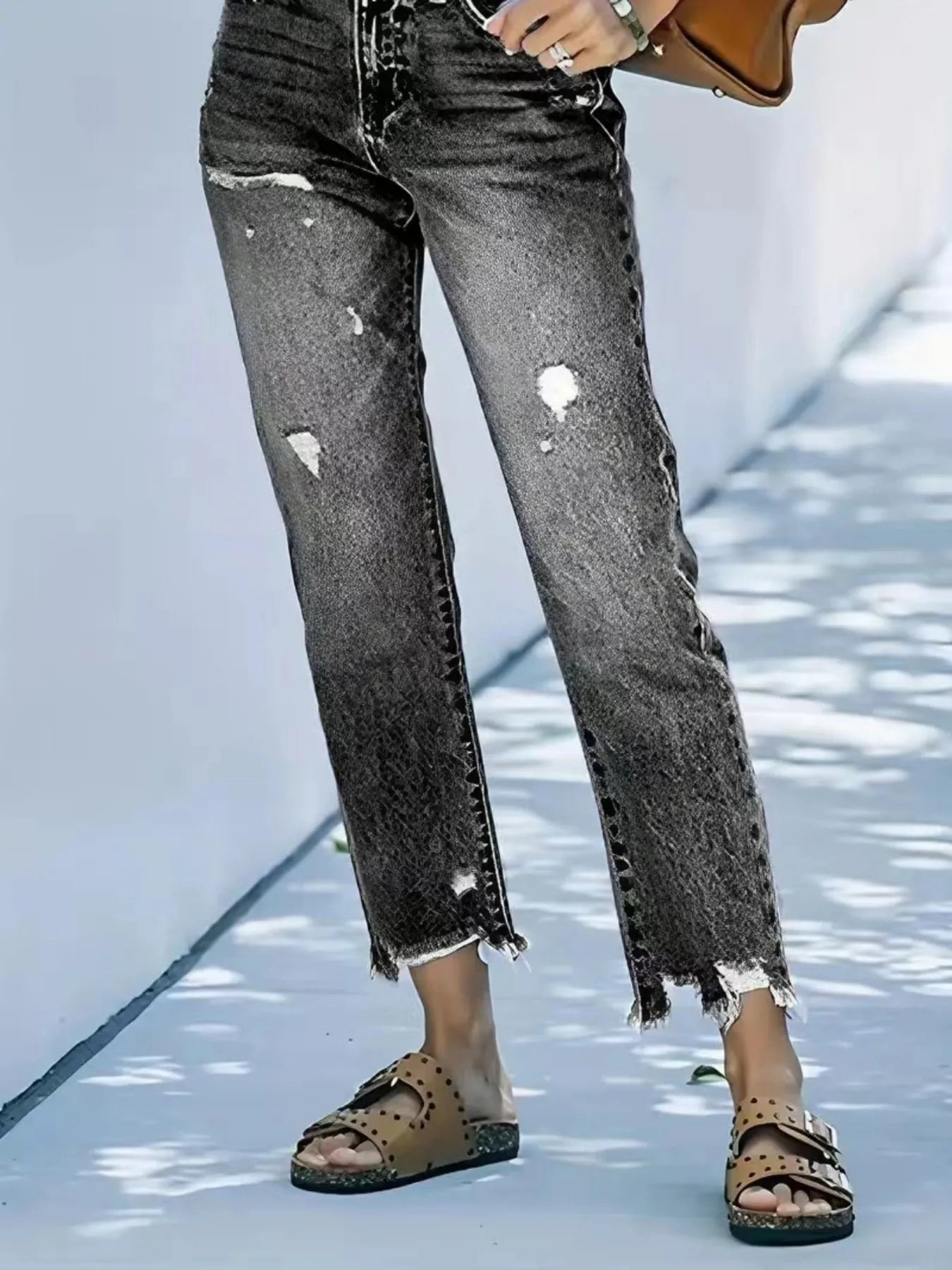 Distressed Straight Leg Jeans.