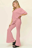 Double Take T-Shirt and Pants Set: Full Size Round Neck Drop Shoulder Style with Flare Pants - EBYNN