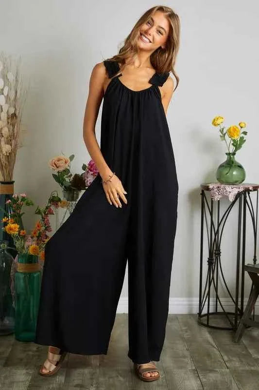 ADORA Plus Size Elastic Ruffle Shoulder Jumpsuit.