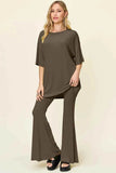 Double Take T-Shirt and Pants Set: Full Size Round Neck Drop Shoulder Style with Flare Pants - EBYNN