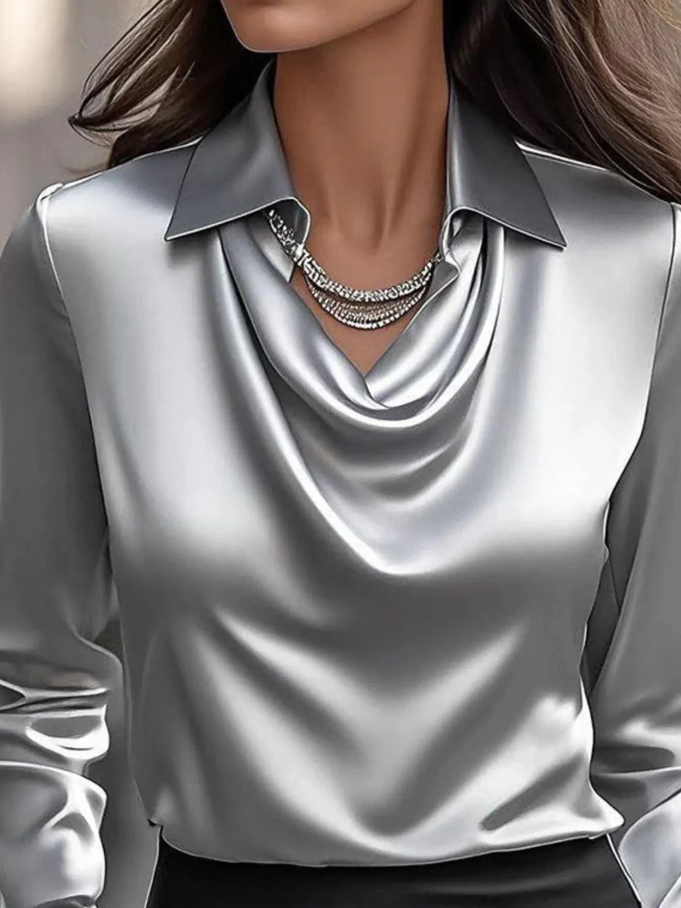 Plus Size Collared Neck Long Sleeve Blouse.
