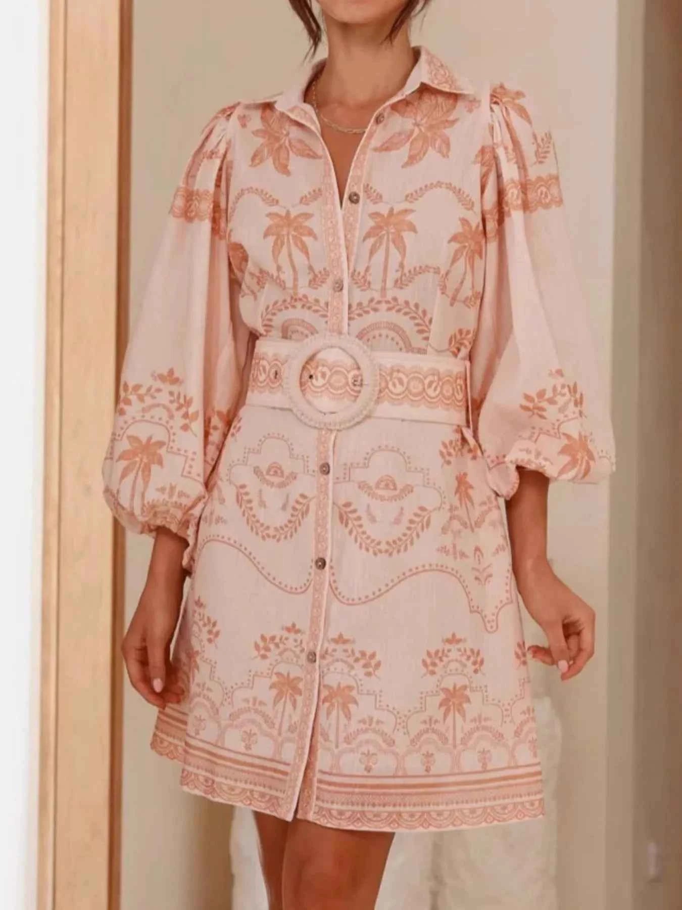 Printed Button Down Shirt Dress with Belt.