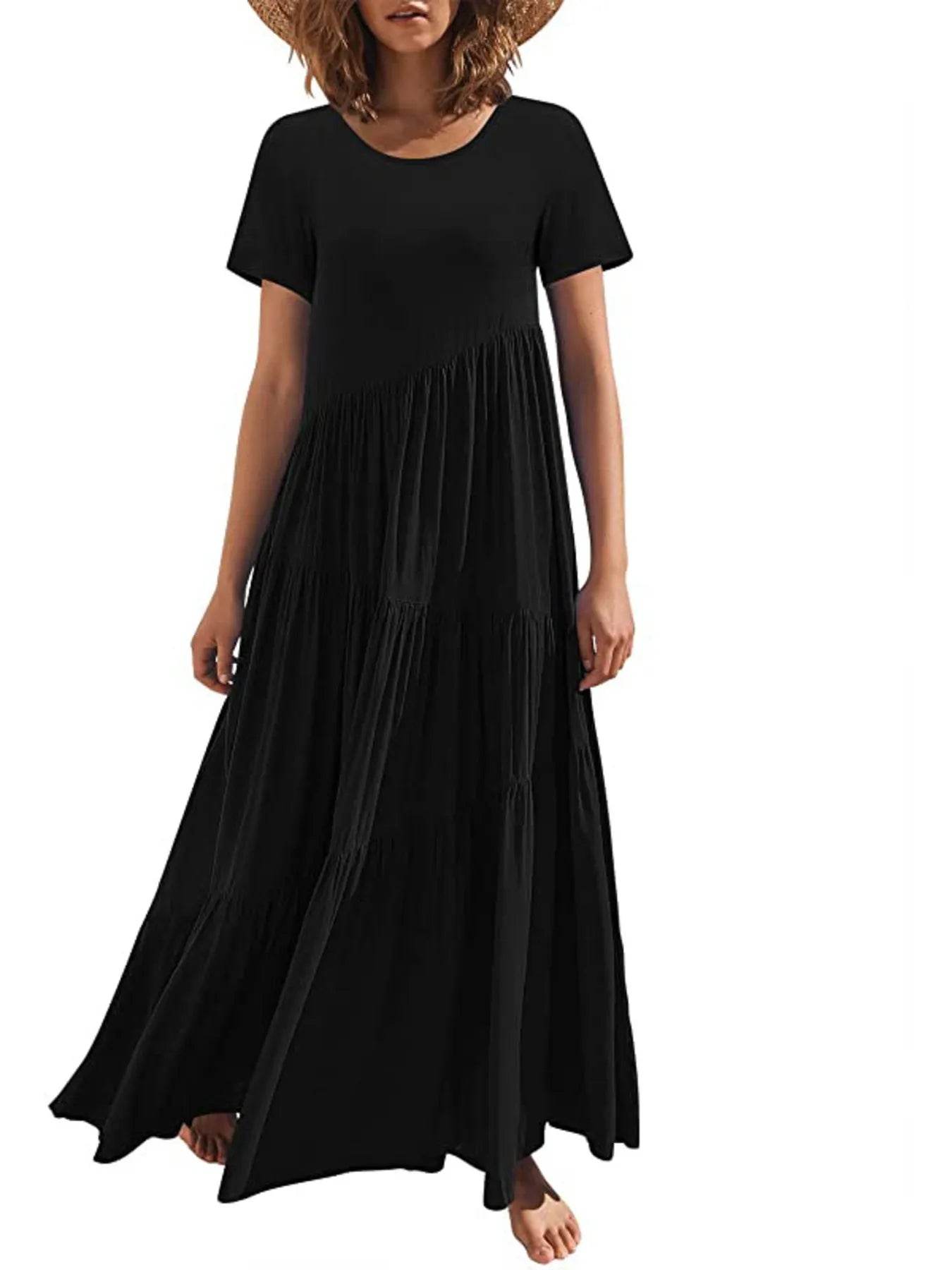 Round Neck Tiered Ruffle Maxi Dress - EBYNN