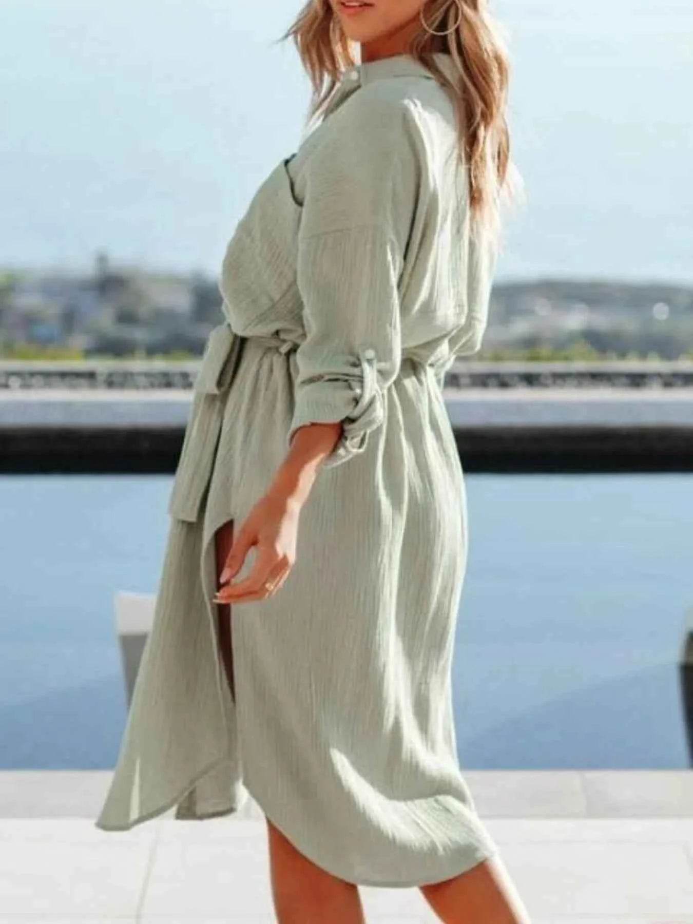 Button Down Tie Waist Shirt Dress.