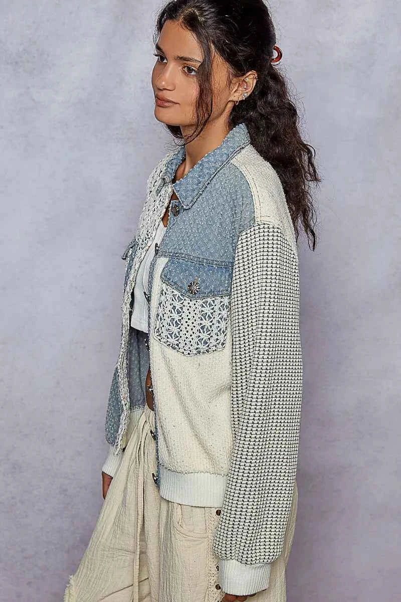 POL Lace Details Button Up Jacket with Chest Pockets.