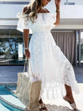 Eyelet Ruffled Hem Off-Shoulder Dress.