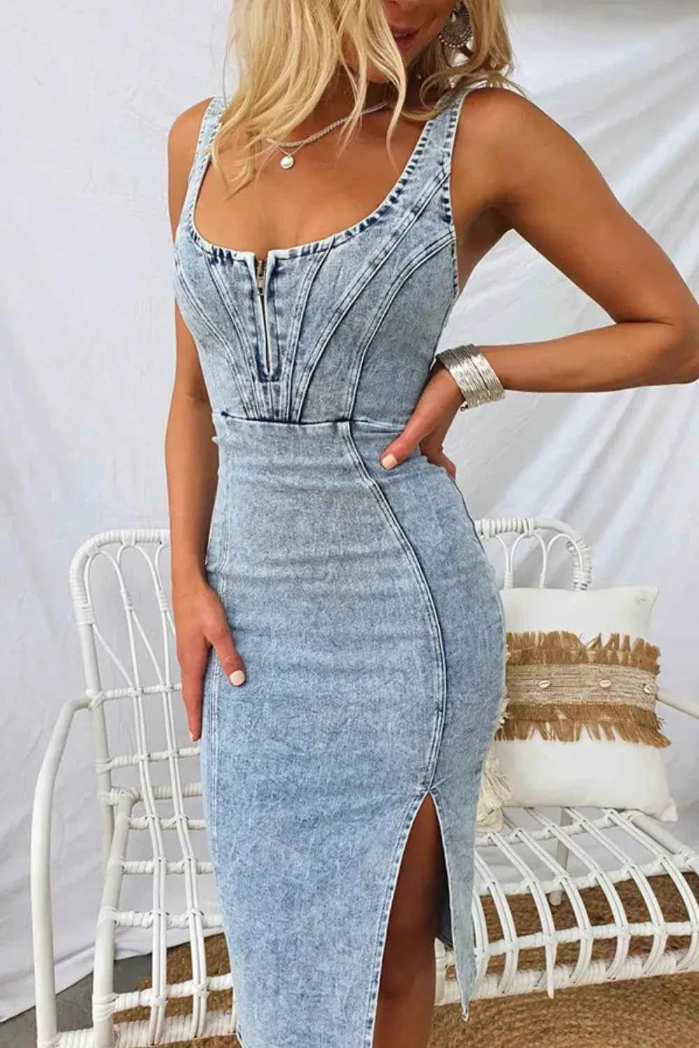 Side Slit Washed Denim Dress with Scoop Neck.