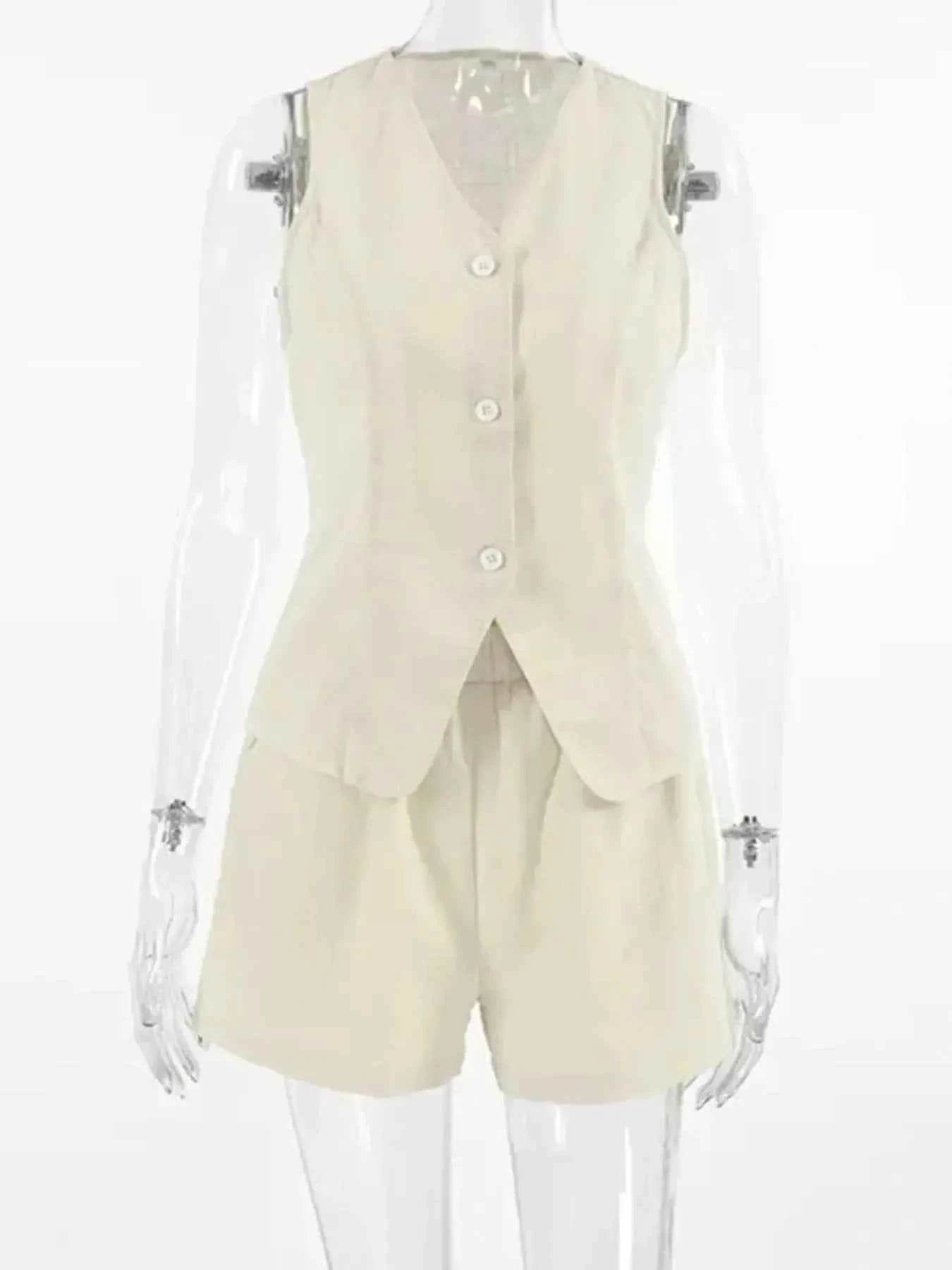 Button Up V-Neck Vest and Shorts Set - Contrast Trim Top and Pants Set - EBYNN