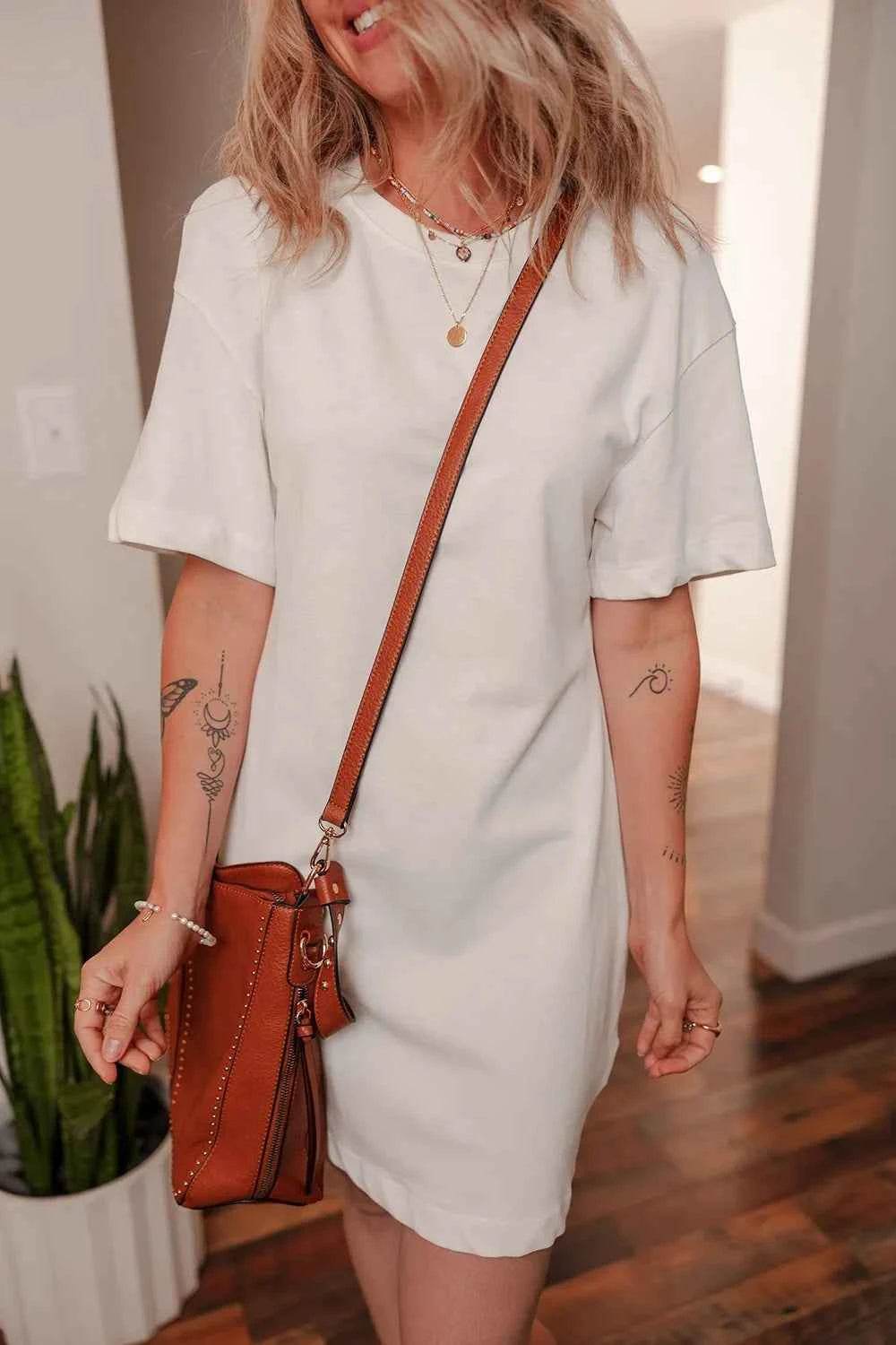 Drop Shoulder Crew Neck Shift T-Shirt Dress.