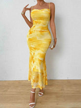 Tie-Dye Ruched Bodycon Mesh Cami Maxi Dress.