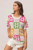 BiBi Floral Checker Pattern Lightweight Pullover Sweater.