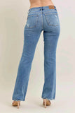 Judy Blue Plus Size Mid Rise Bootcut Jeans with Destroyed Hem.