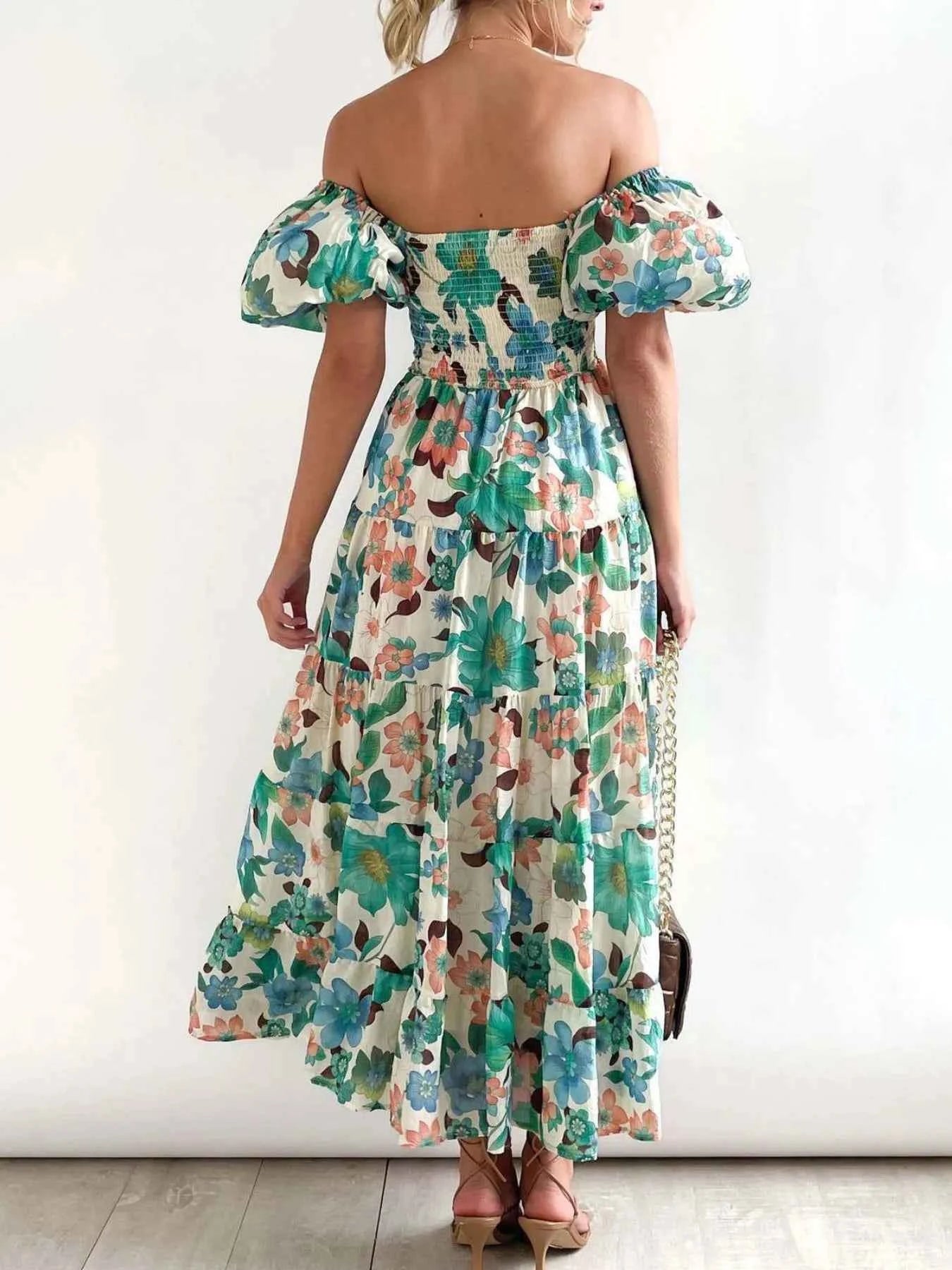 Floral Smocked Puff Sleeve Tiered Dress.