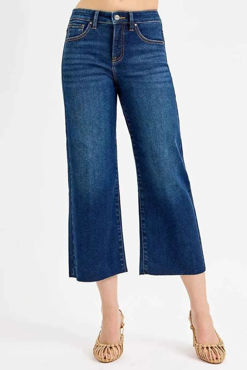 RISEN Full Size Tummy Control High Rise Crop Wide Jeans.