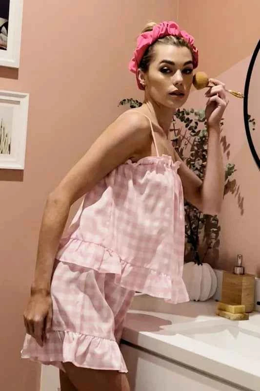 Lime 'N' Chili Gingham Ruffle Trim Cami & Shorts Pajama Set.