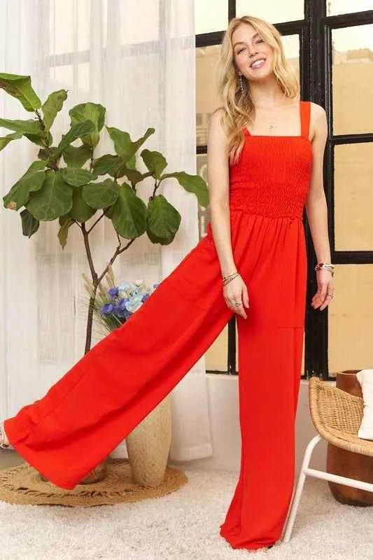 ADORA Plus Size Smocking Top Wide Leg Jumpsuit.