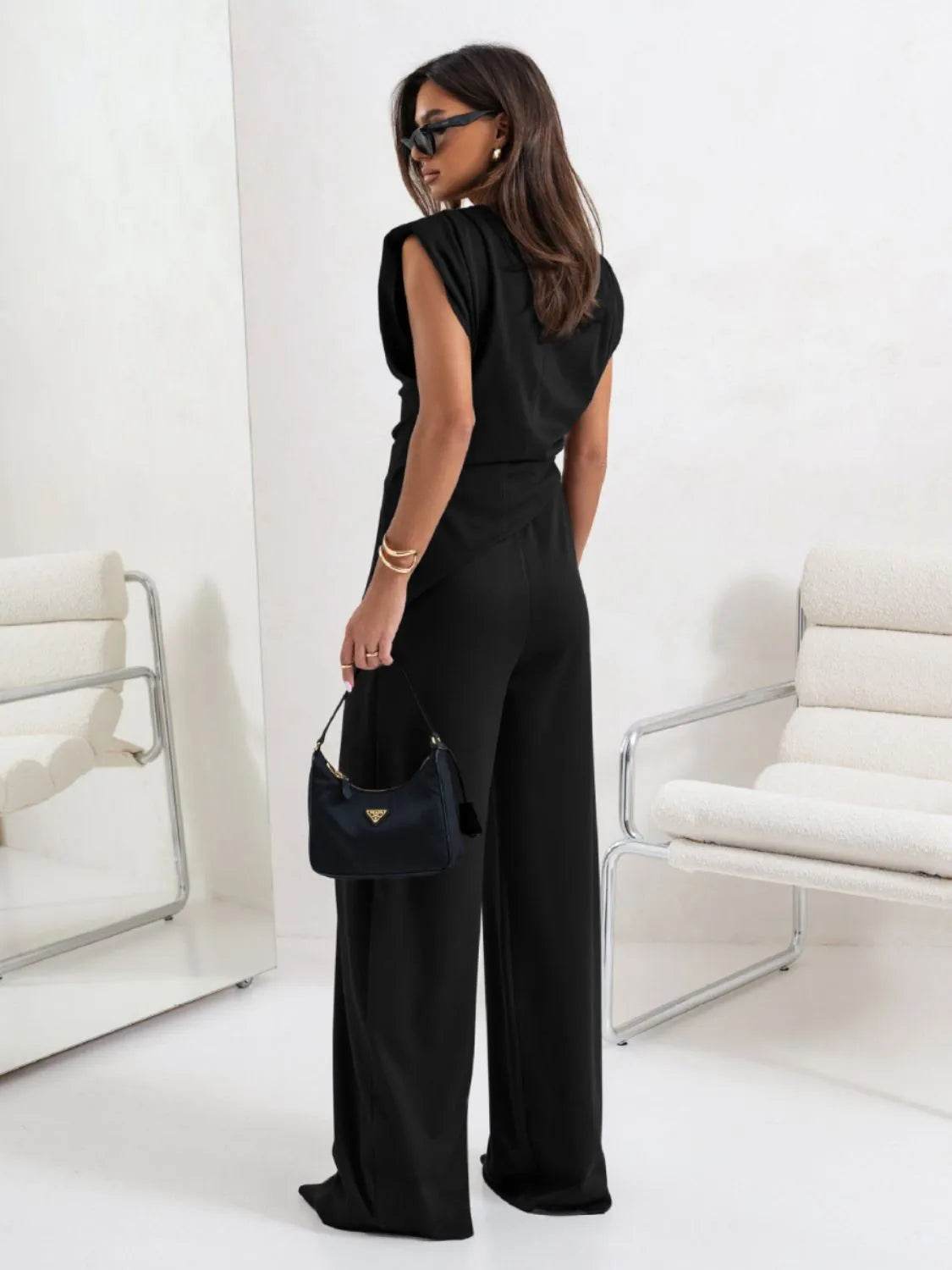 Slit Ruched Top and Wide Leg Pants Set - EBYNN