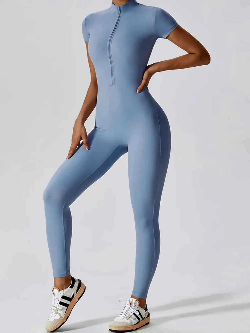 Basic Bae Half Zip Short Sleeve Active Jumpsuit.