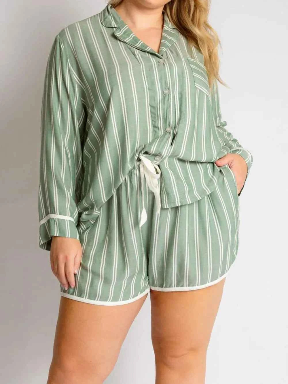 Striped Collared Neck Long Sleeve Top and Shorts Lounge Set.