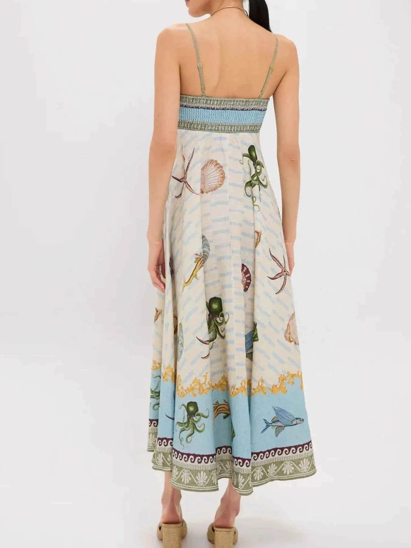 Ocean Print Spaghetti Strap Midi Dress.
