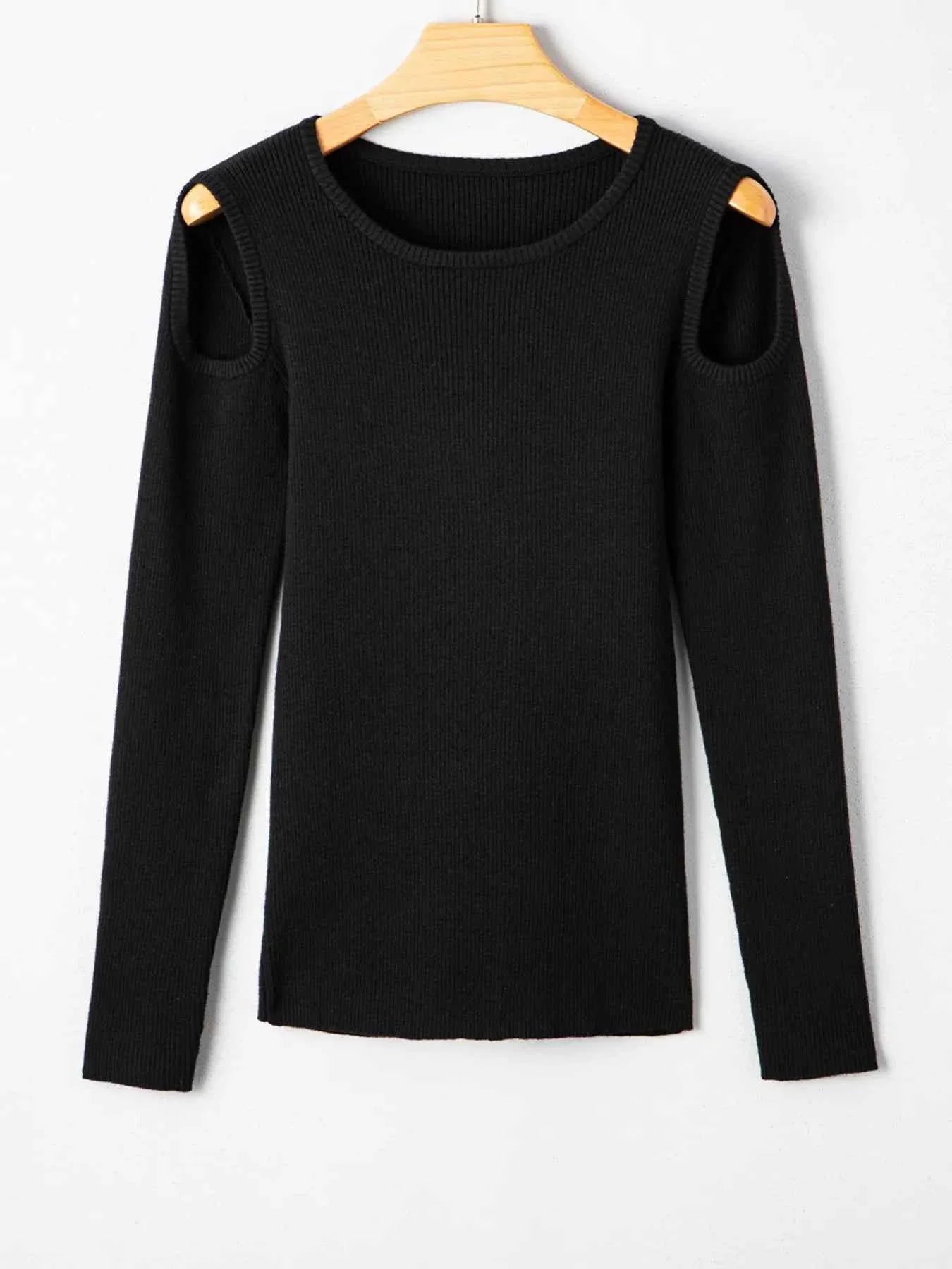 Ribbed Knit Cold Shoulder Sweater.