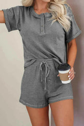 Waffle-Knit Short Sleeve Top and Shorts Lounge Set.
