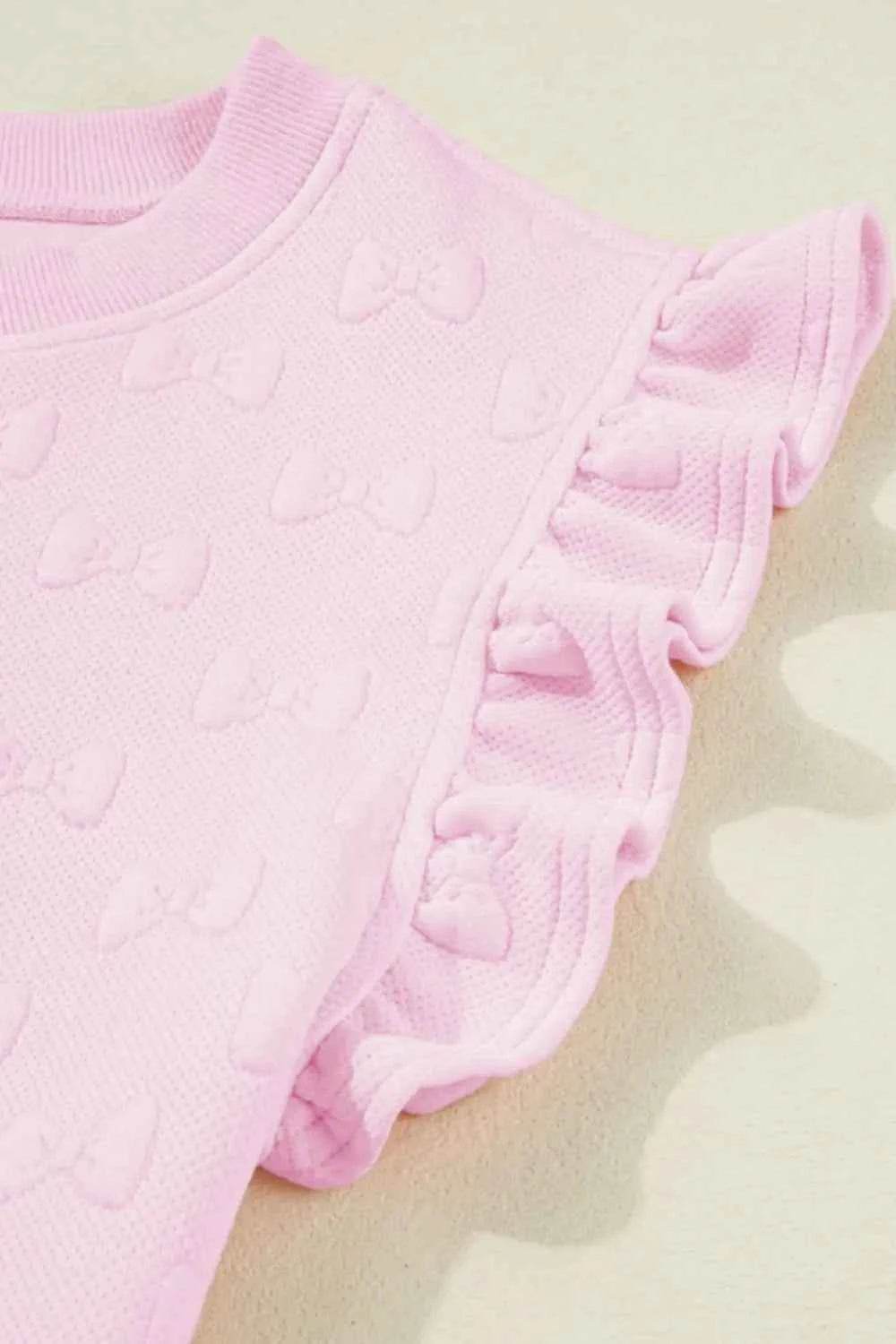 Bow Jacquard Ruffle Top Set with Cap Sleeve and Shorts - EBYNN