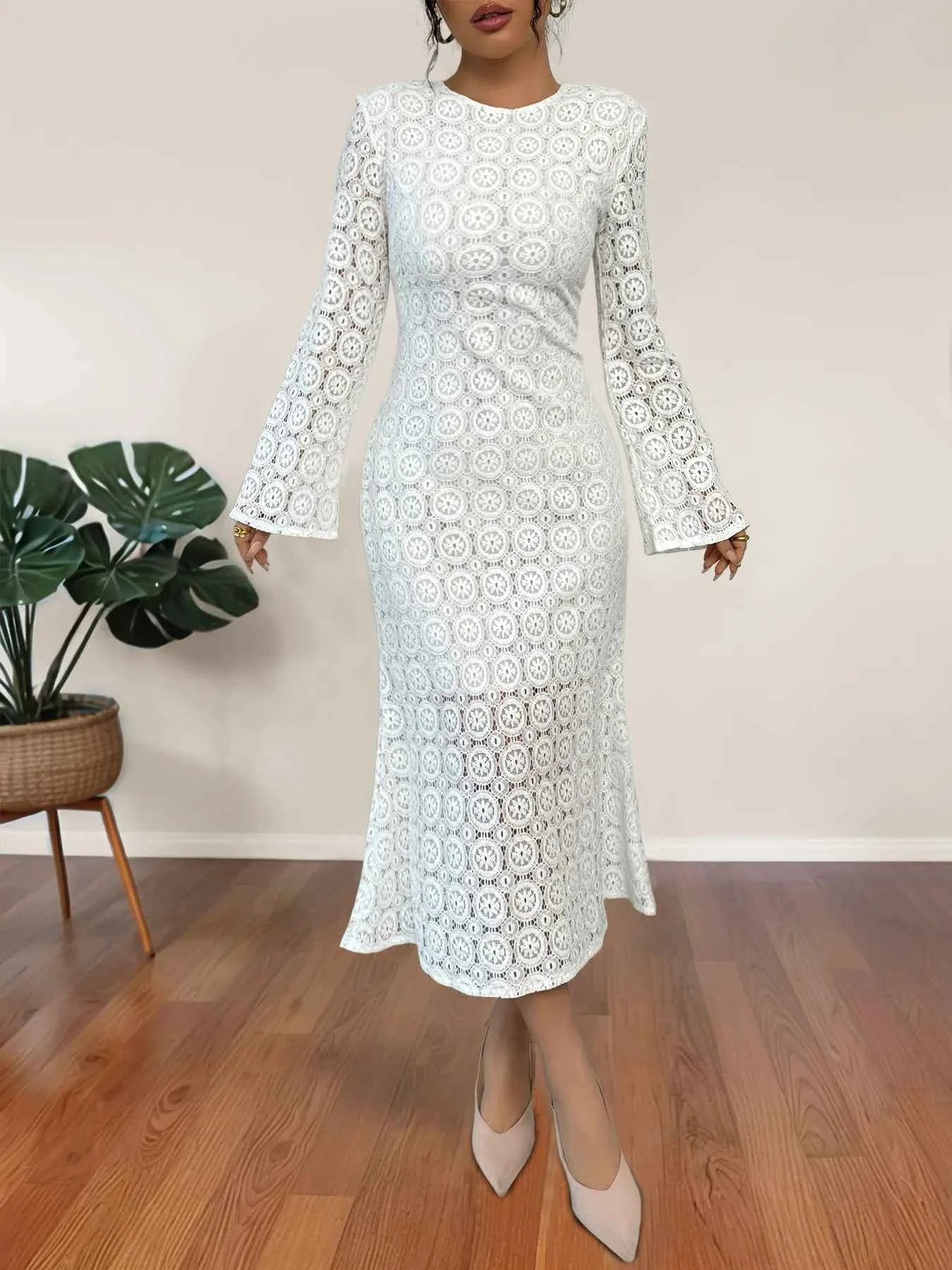 Lace Long Sleeve Midi Dress.