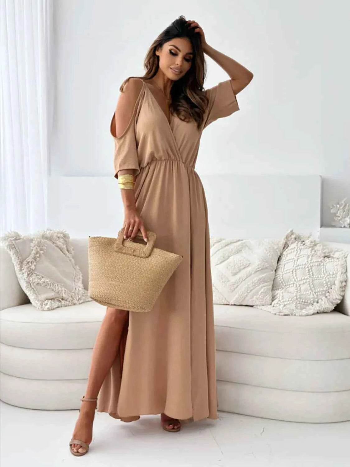 Tied Shoulder Slit Maxi Dress.