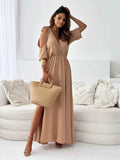 Tied Shoulder Slit Maxi Dress.