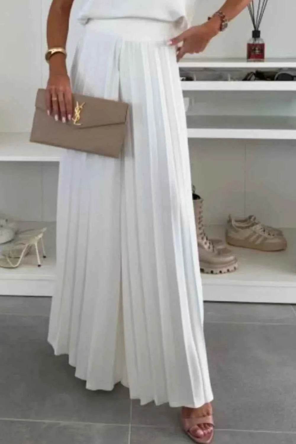 Round Neck Top and Pleated Pants Set - EBYNN