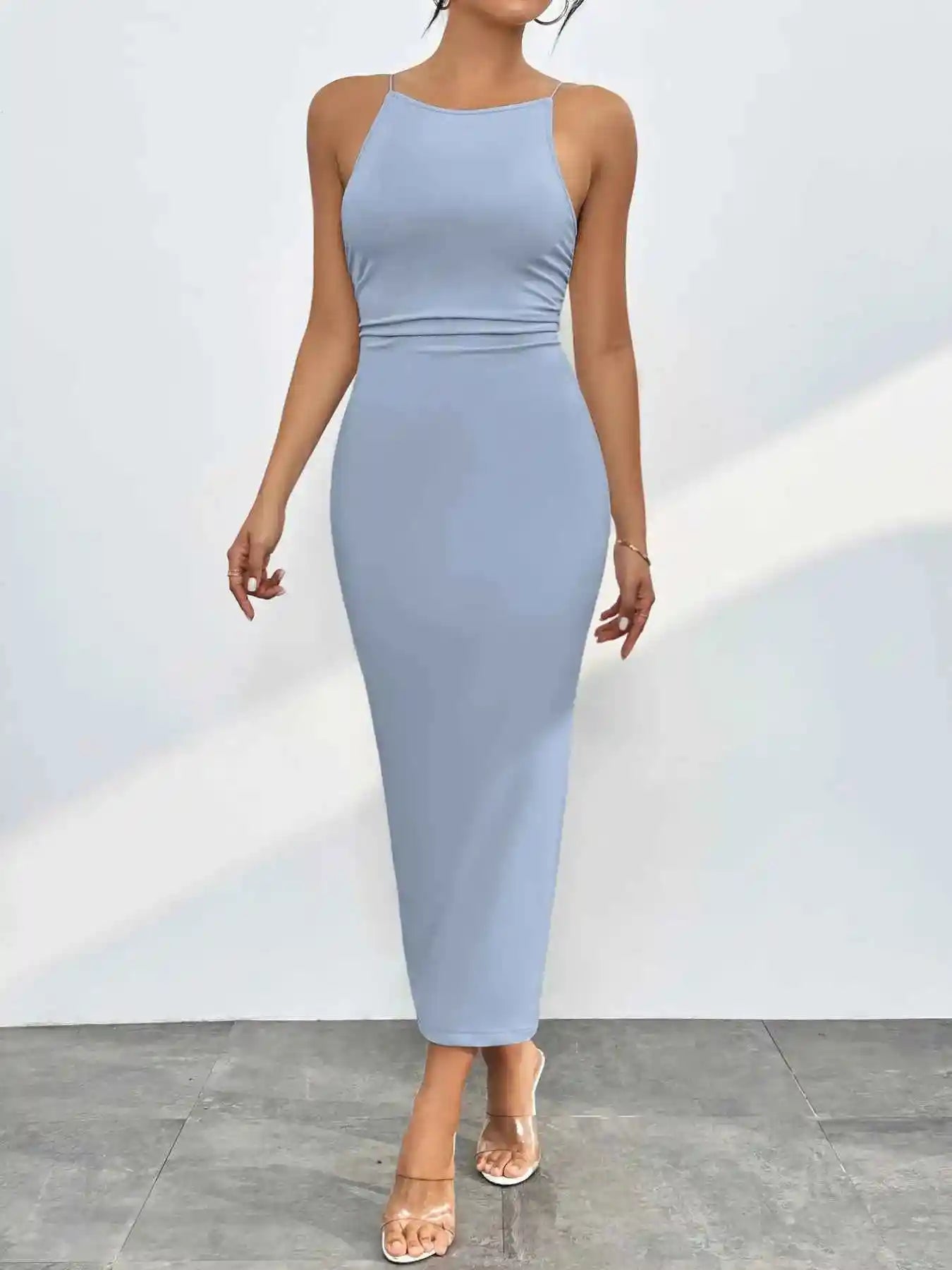 Sleek Spaghetti Straps Midi Bodycon Dress.