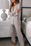 Leopard Print Button Down Long Sleeve Top & Pants Set.