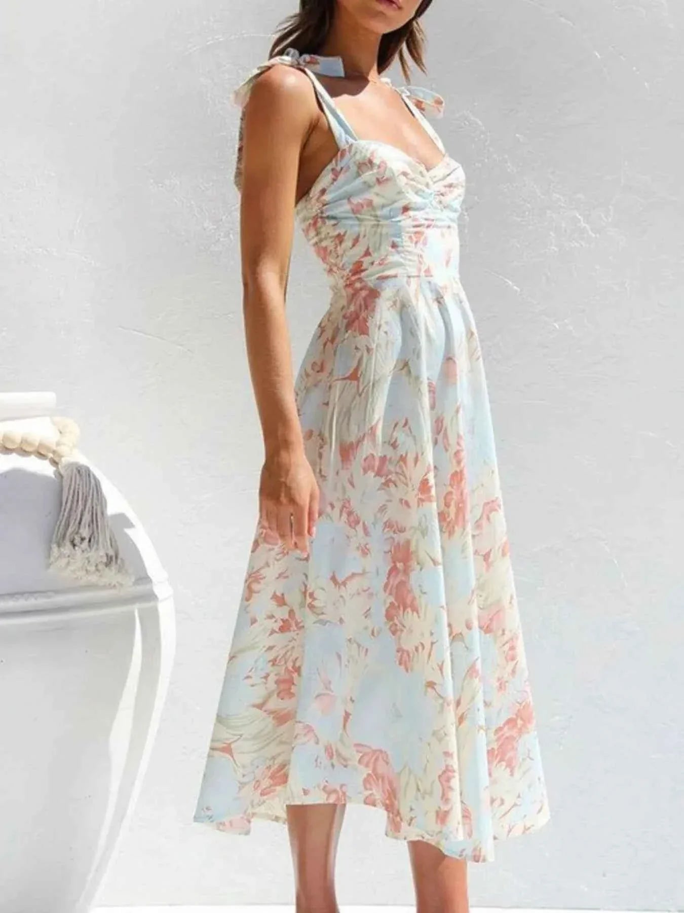 Floral Tie-Strap Sweetheart Neck Midi Dress.