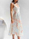 Floral Tie-Strap Sweetheart Neck Midi Dress.