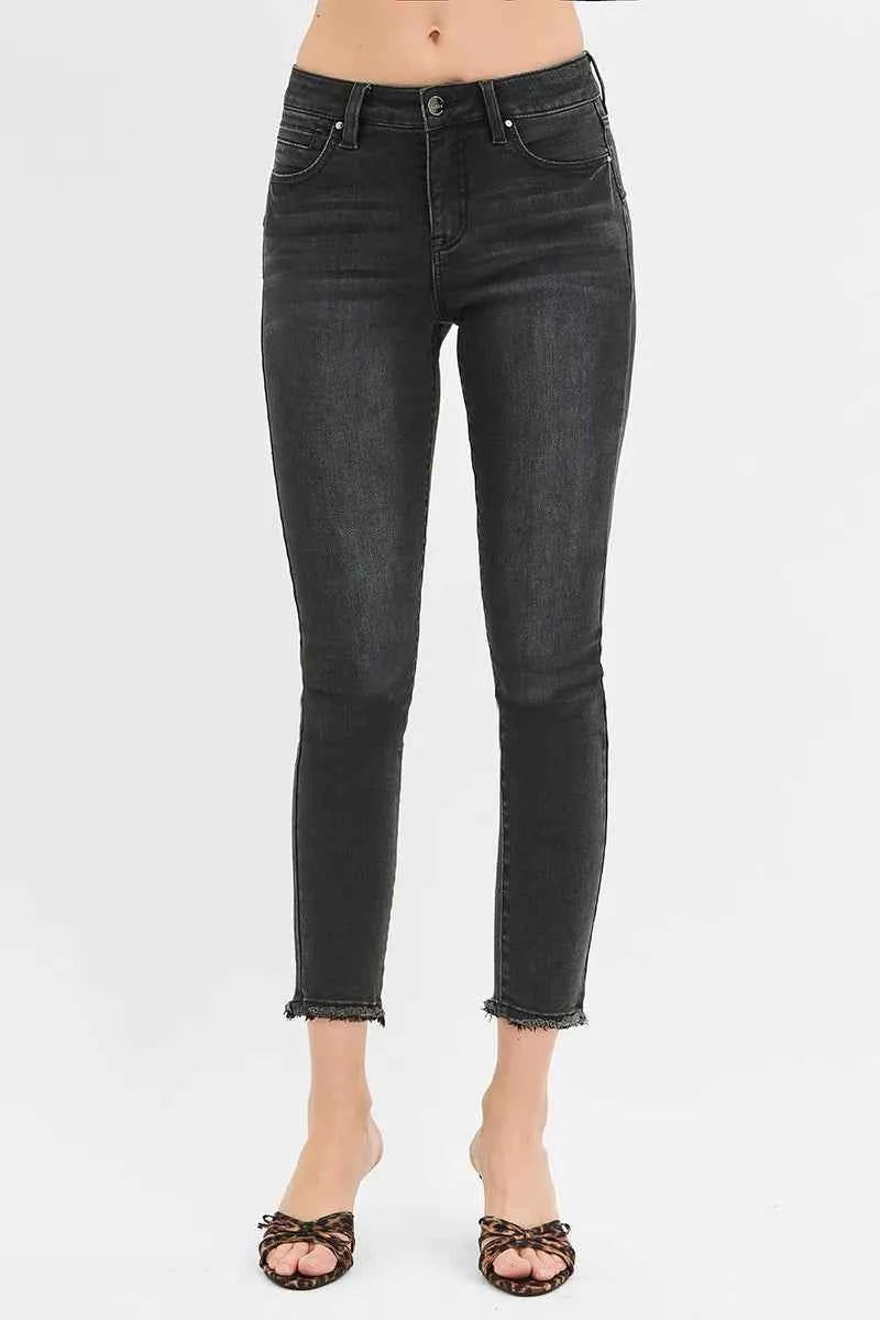 RISEN Plus Size Tummy Control Mid Rise Crop Skinny Jeans.