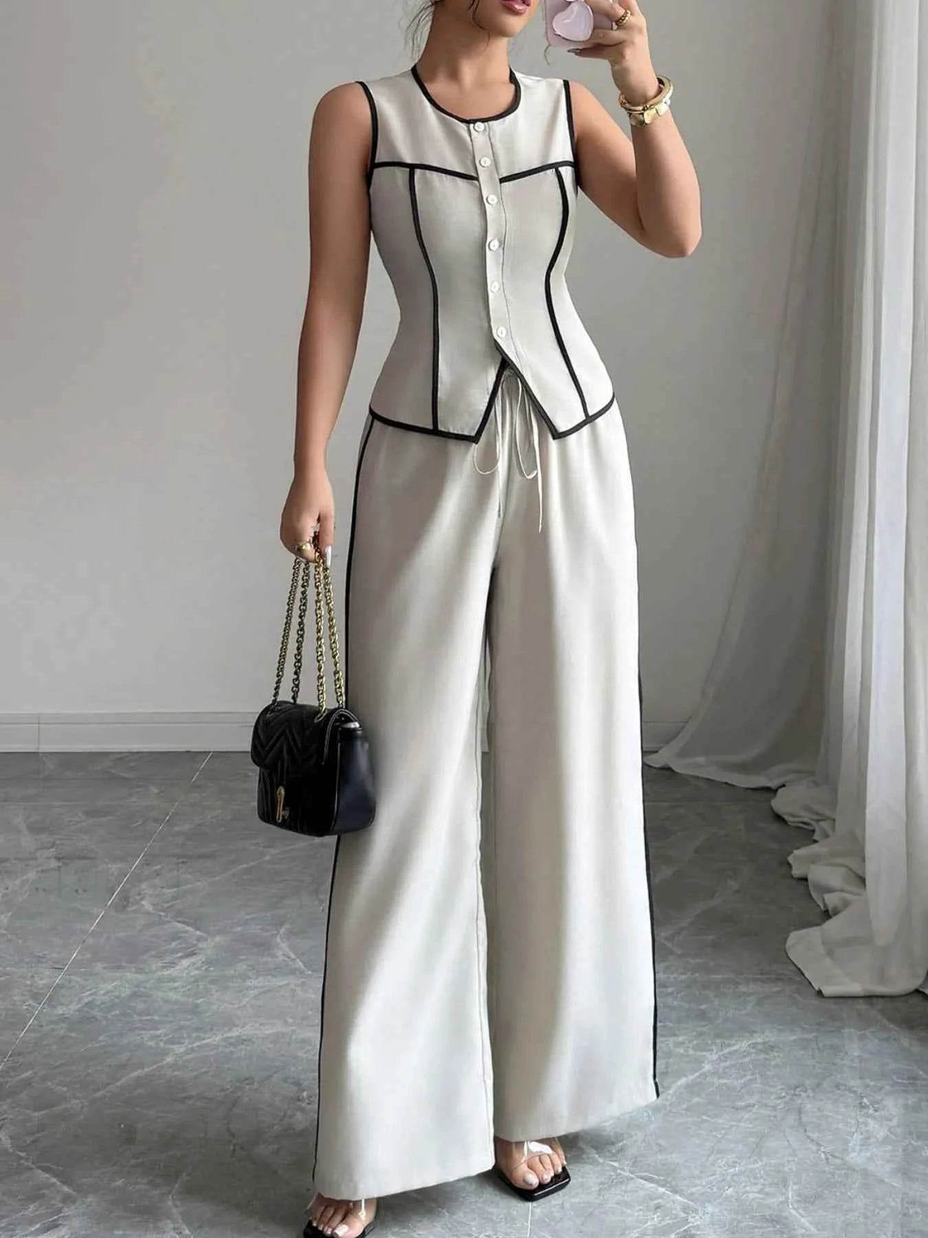 Contrast Piping Round Neck Top & Wide-Leg Pants Set - Stylish Contrast Piping Pants Set - EBYNN