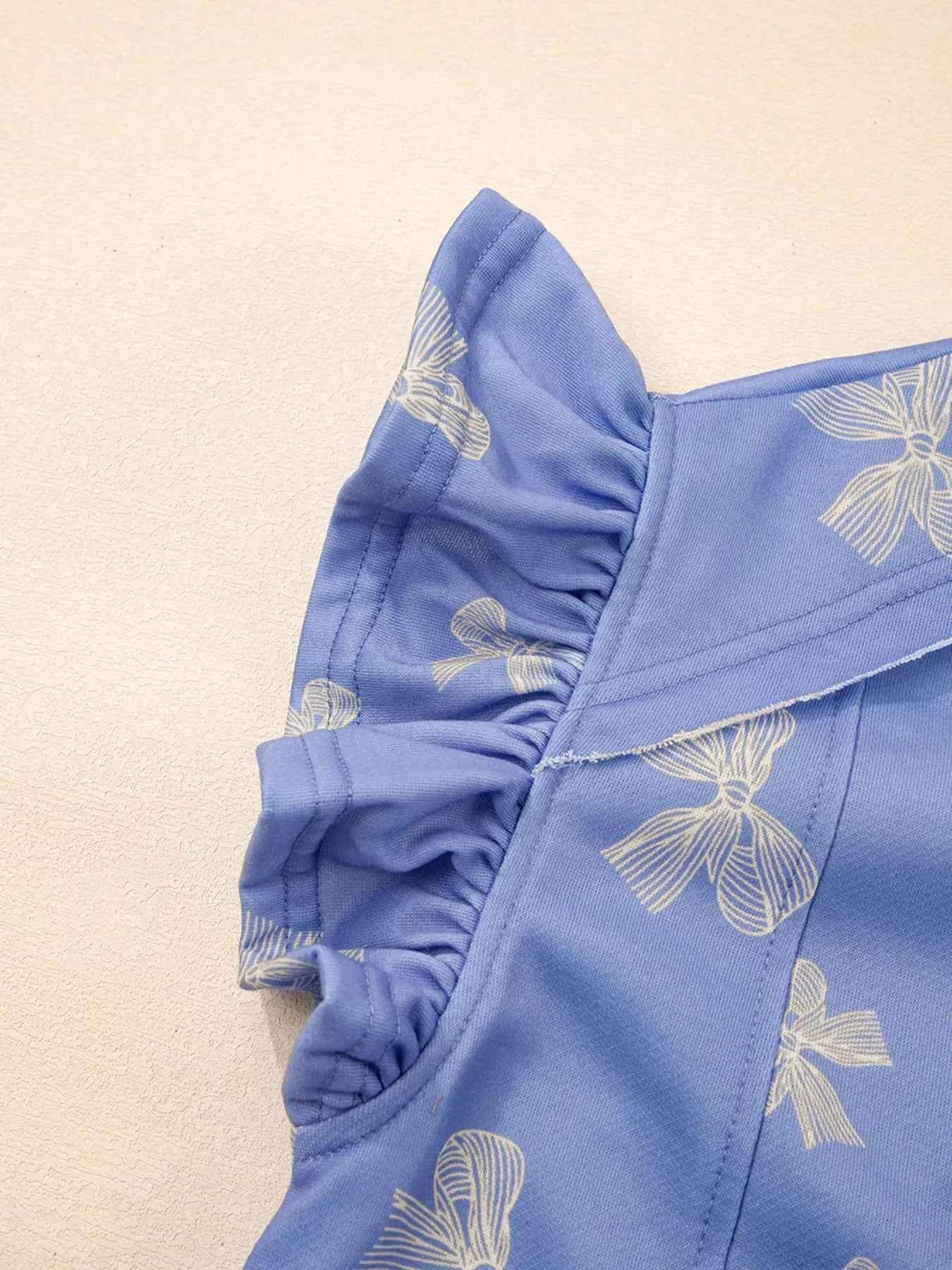 Bow Knot Print Ruffled Sleeve Crewneck Mini Dress.