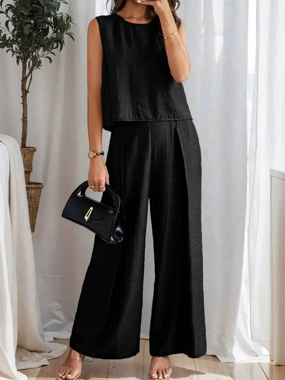 Ruched Round Neck Sleeveless Top and Wide Leg Pants Set - EBYNN