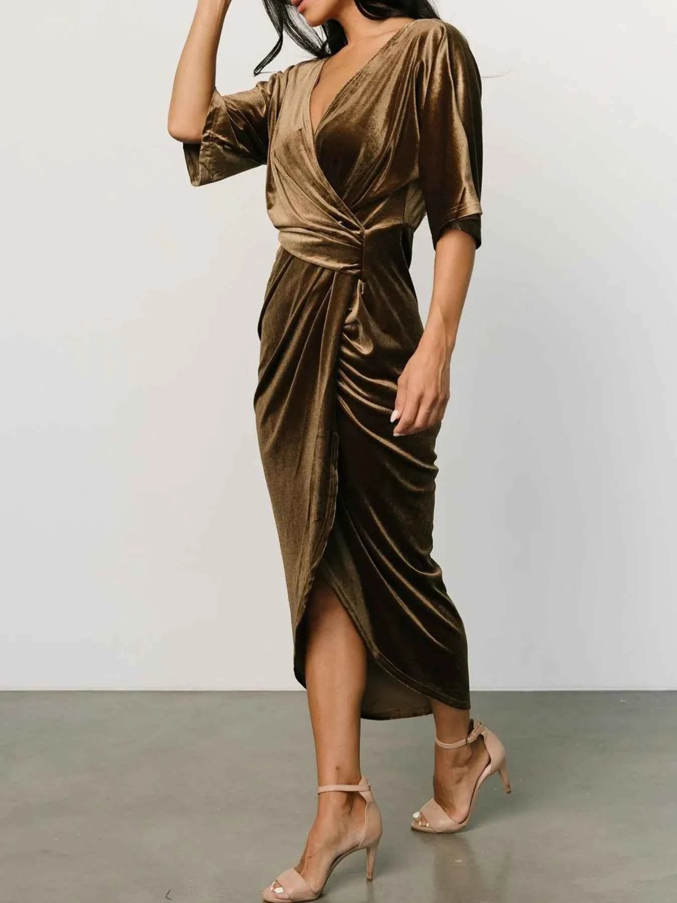 Ruched Surplice Half Sleeve Dress.