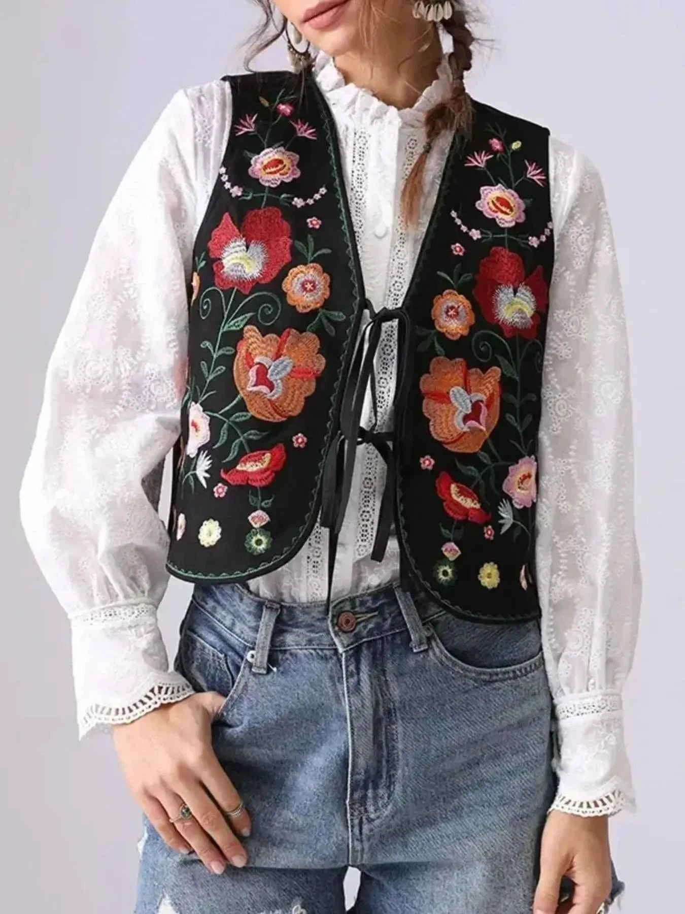 Floral Embroidered Lace-Up Vest.
