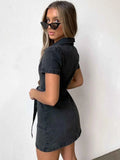 Plus Size Zip Front Short Sleeve Denim Dress.