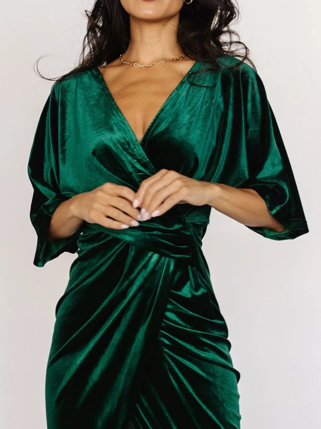 Ruched Surplice Half Sleeve Dress.