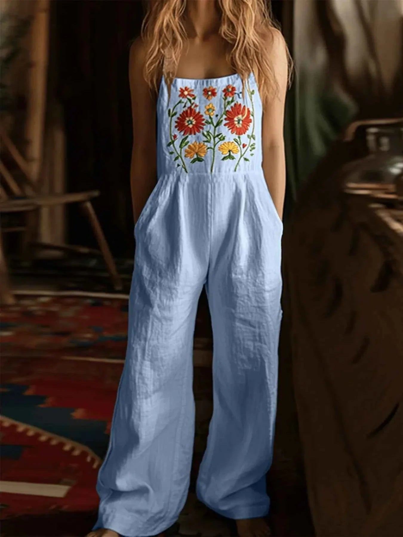 Floral Embroidered Wide Leg Jumpsuit.