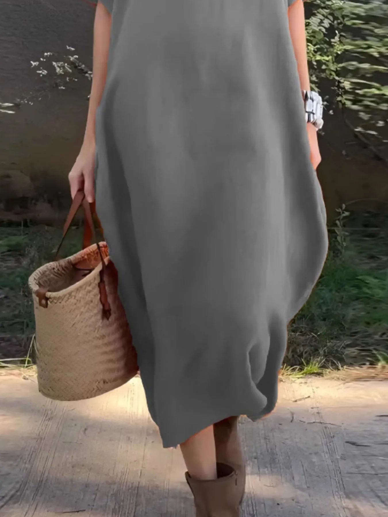 Plus Size Casual Loose Fit Round Neck Midi Dress.