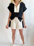 Color Block Half Zip Top & Shorts Two-Piece Set - EBYNN