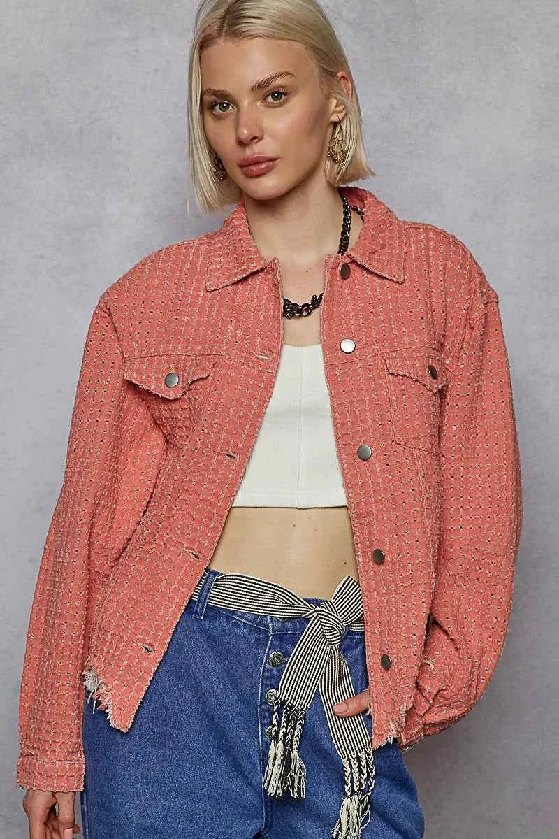 POL Raw Hem Button Up Jacket - Coral Pink.