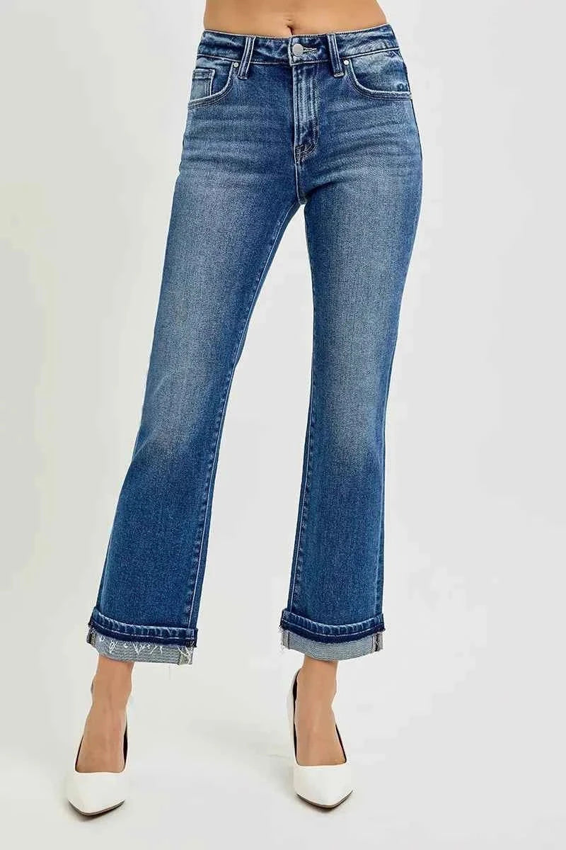 RISEN Mid Rise Ankle Straight Cuffed Jeans.