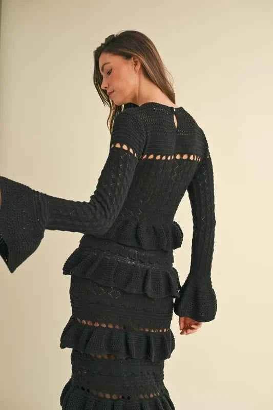 MABLE Long Sleeve Tiered Ruffle Knit Midi Dress.