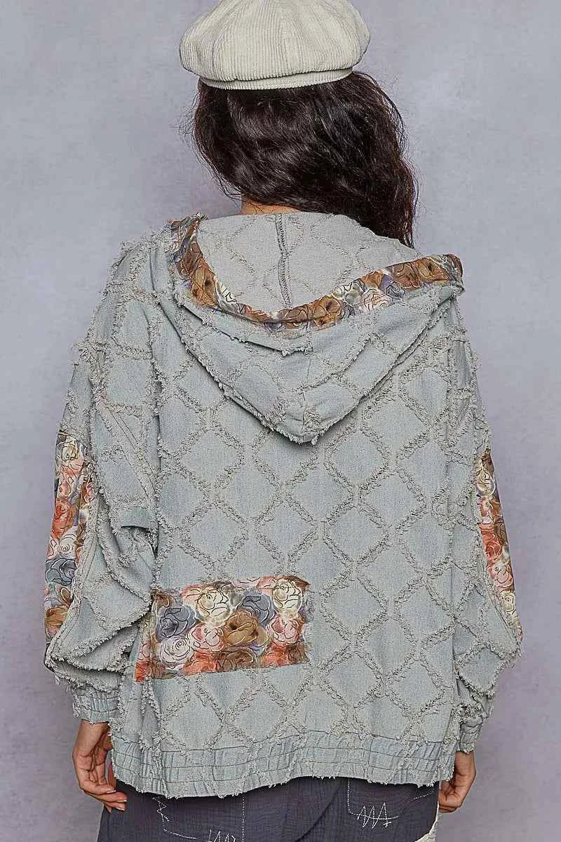 Floral and Lace Patch Washable Denim Zip-Up Jacket.